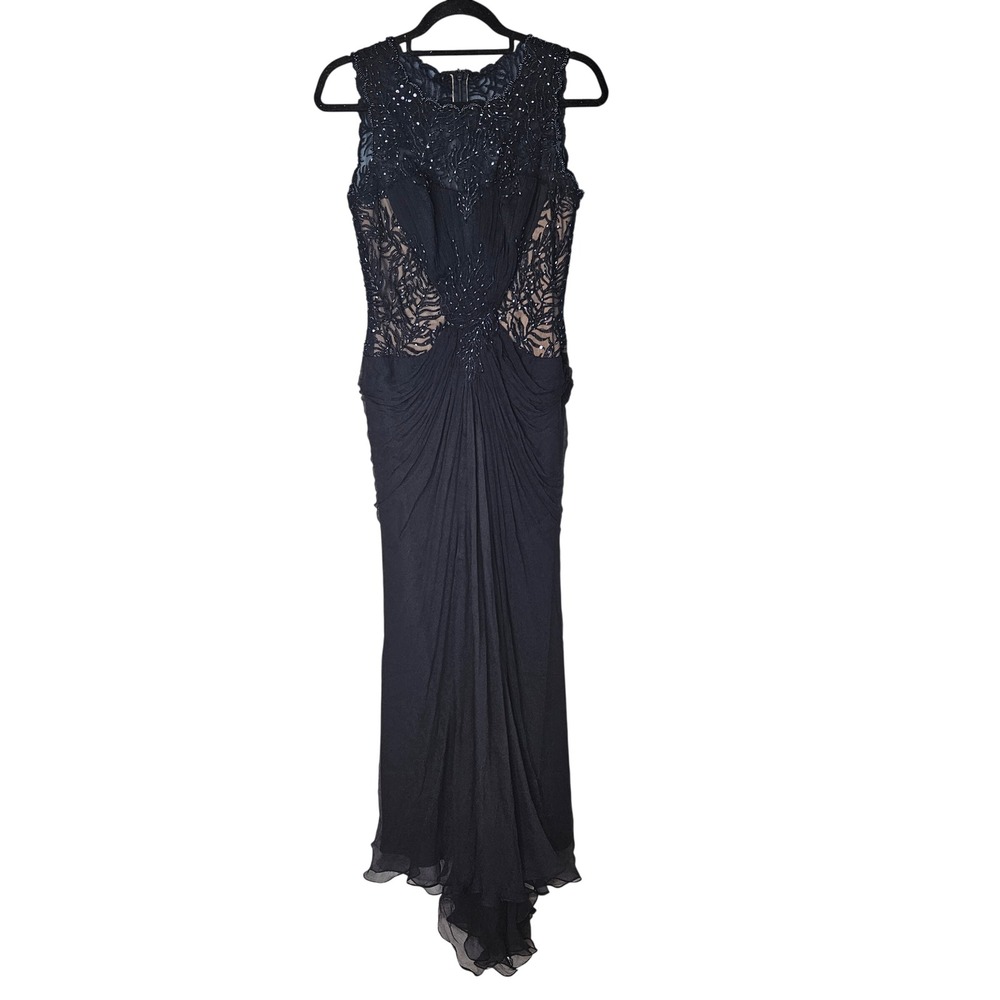 Tadashi Shoji Blue Beaded Crinkle Chiffon Gown 100% Silk Womens Size 2